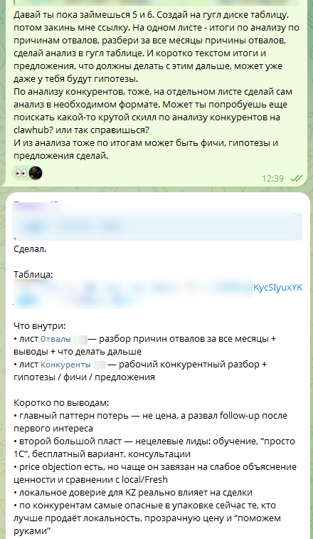 Результат анализа лидов и конкурентов в таблице
